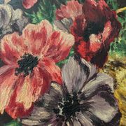 Antique painting, oil on cardboard, bouquet of anemones, signed