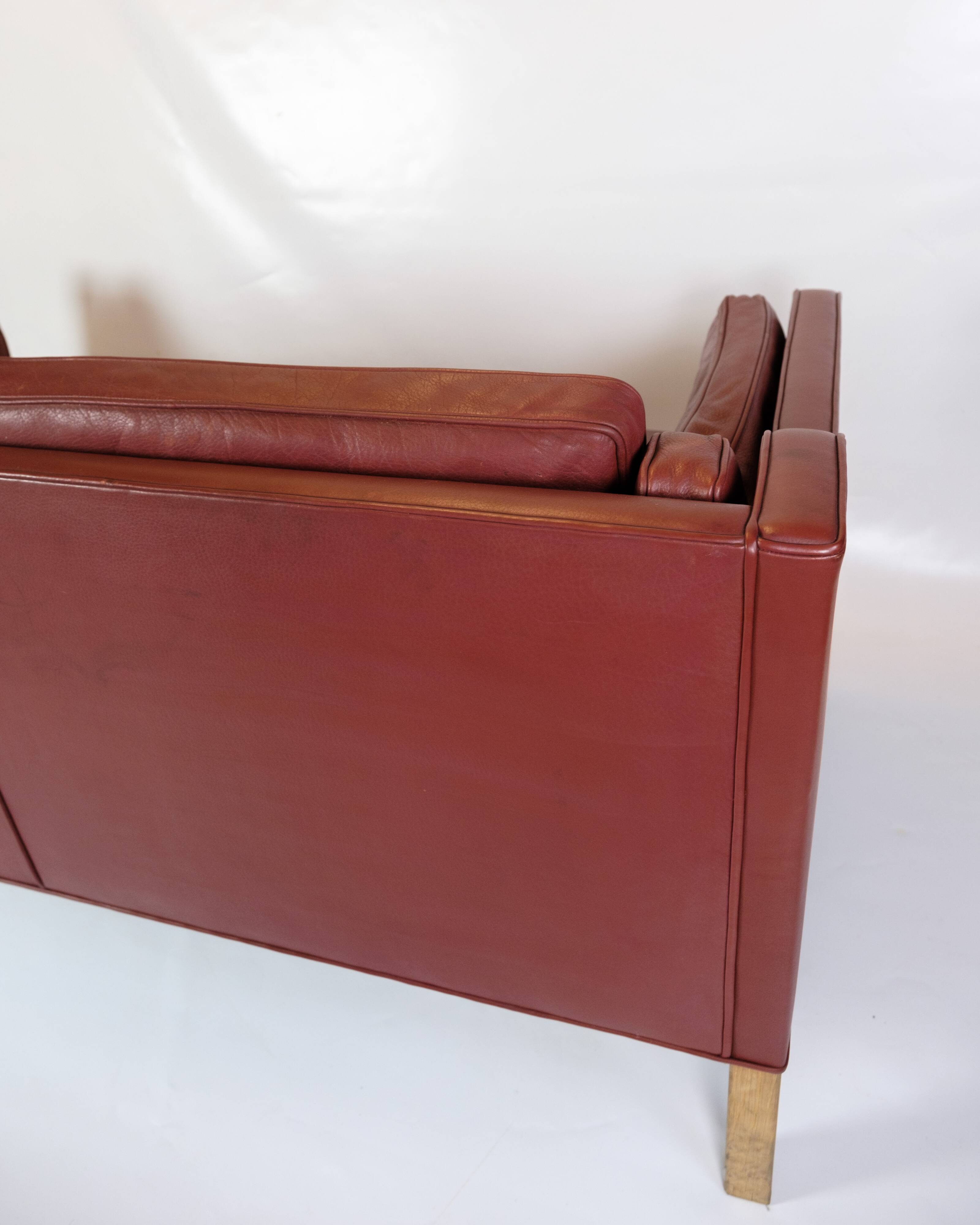 2 . Person Sofa Model 2212 Made In Red Leather & Oak Frame By Børge Mogensen From 1960s