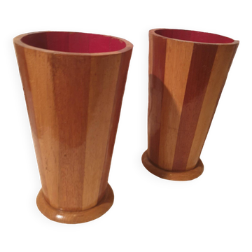 Beautiful pair of segmented wood design vases