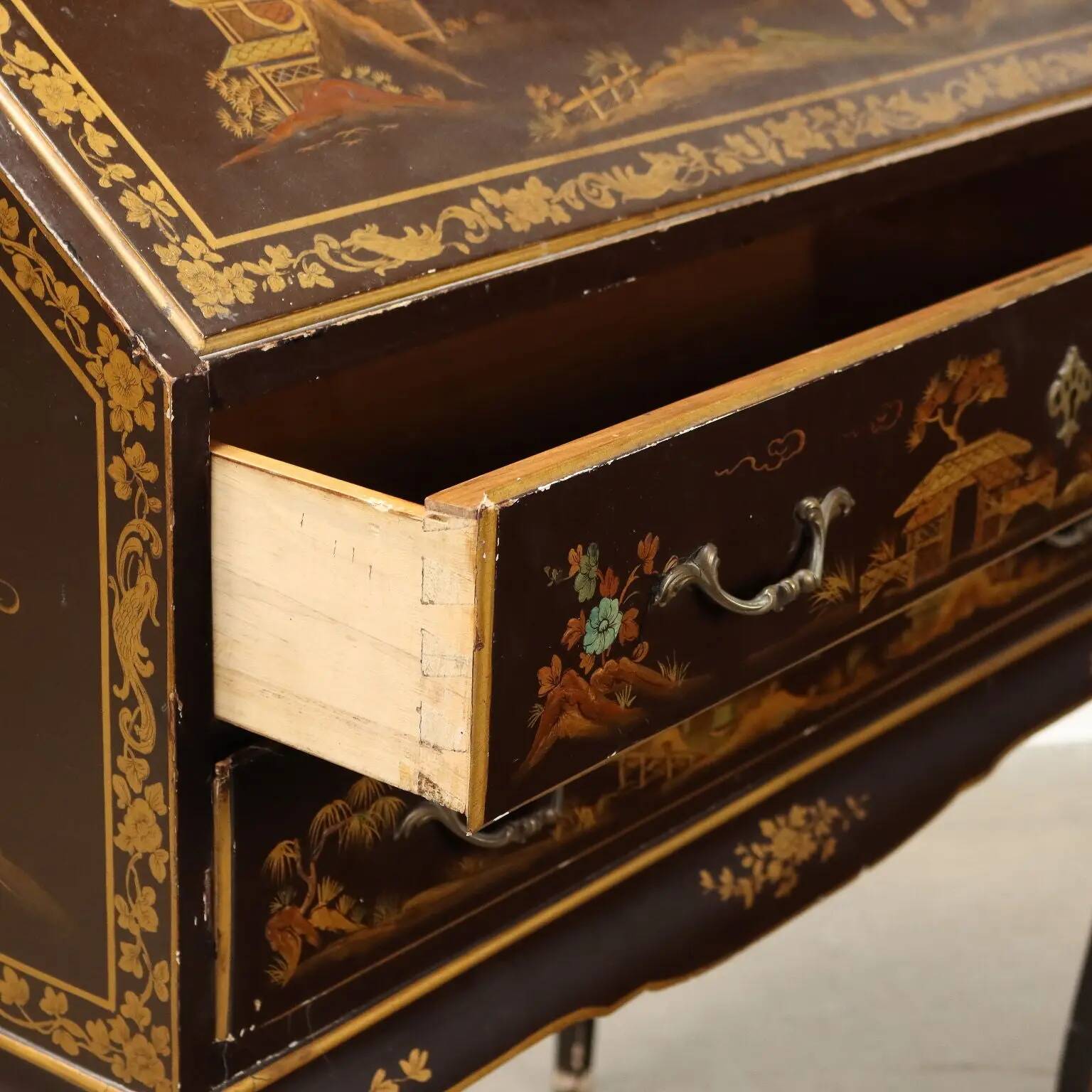 Antique Chinese-style walnut drop-leaf secretary cabinet, Italy, 20th century.
