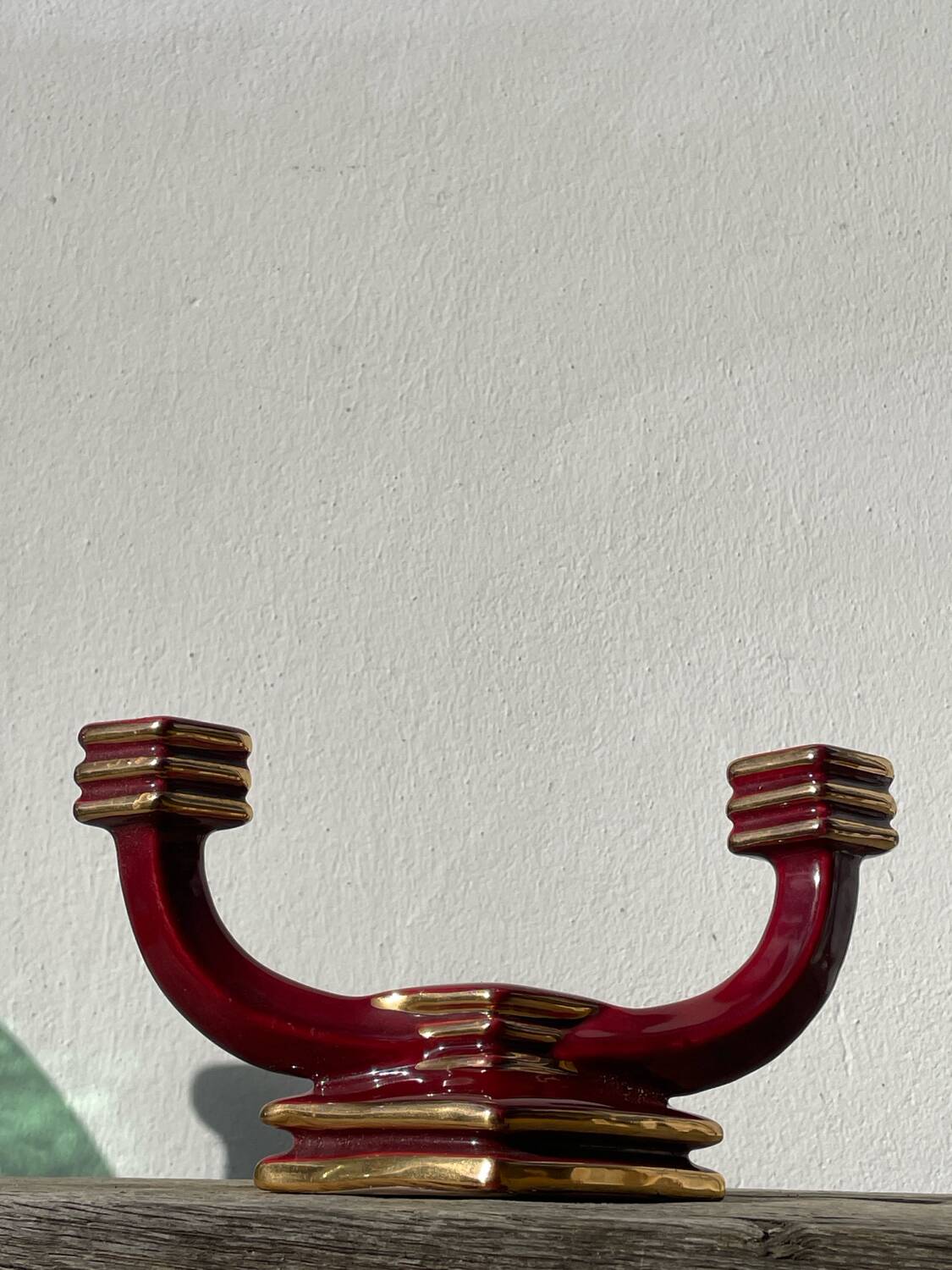 Art Deco burgundy red ceramic candlestick