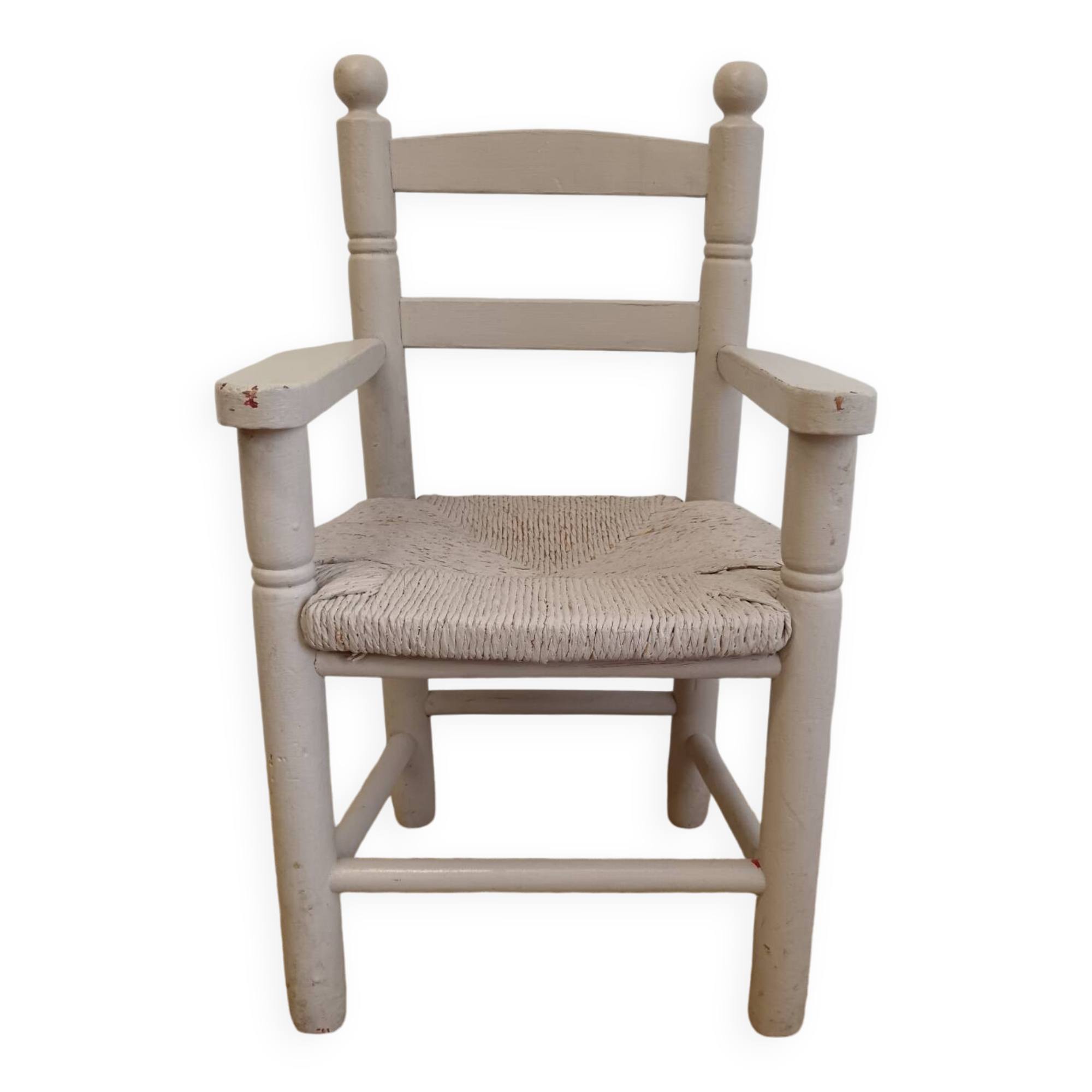 Grey patinated children's armchair with straw seat