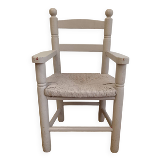 Fauteuil enfant gris patiné assise paille