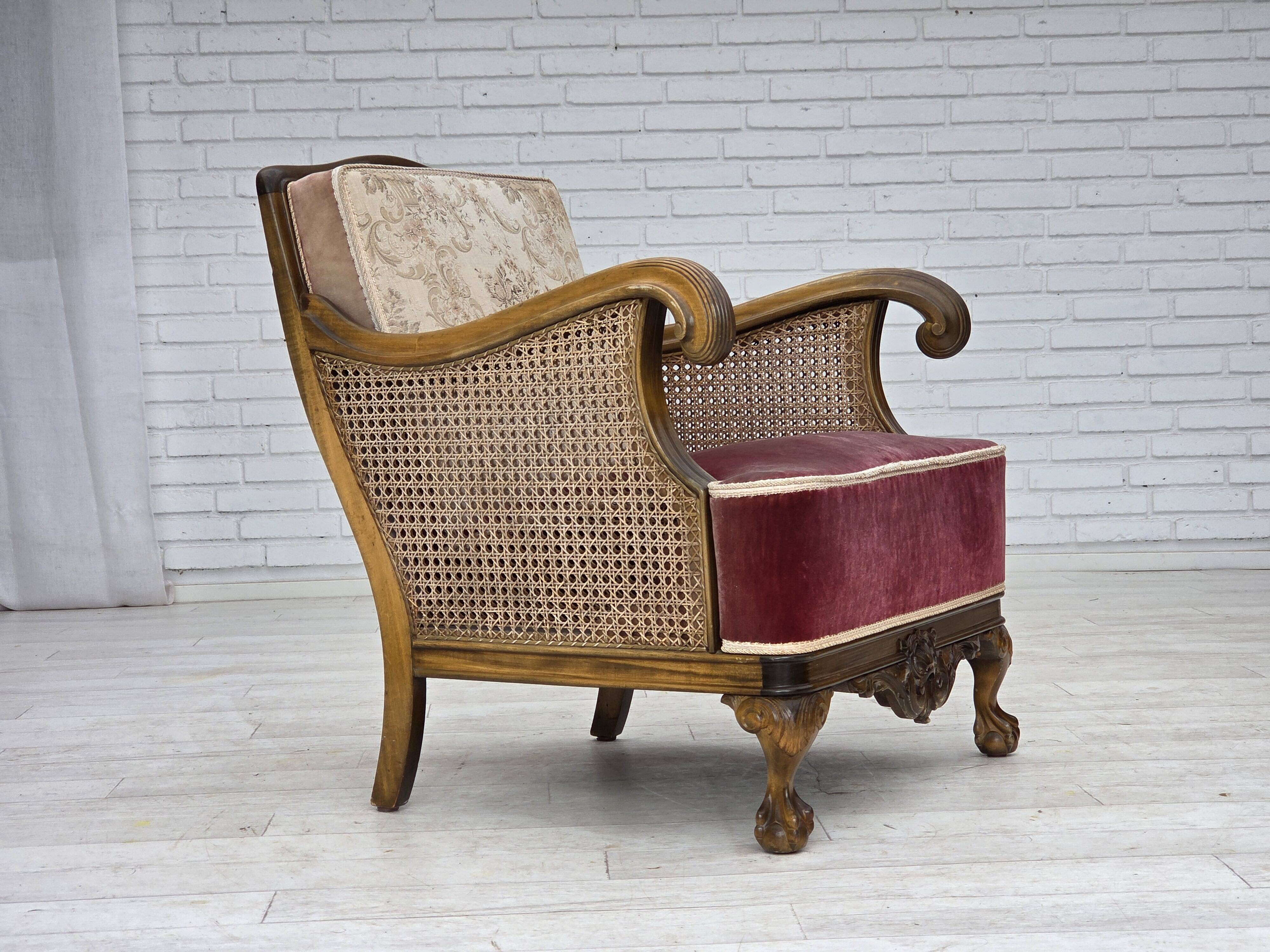 1940s, Danish armchair, woven wool, velour, mesh, carved oak wood.