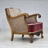 1940s, Danish armchair, woven wool, velour, mesh, carved oak wood.