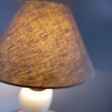 Table lamp with wooden and alabaster base, fabric lampshade