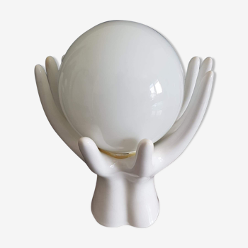 Lampe vintage mains céramique blanche avec globe opaline