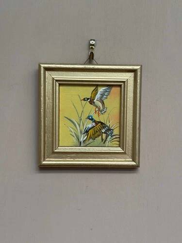 Mid-Century Oil on Panel “ Birds” by Unknown, Vintage & Framed 11 × 11 cm