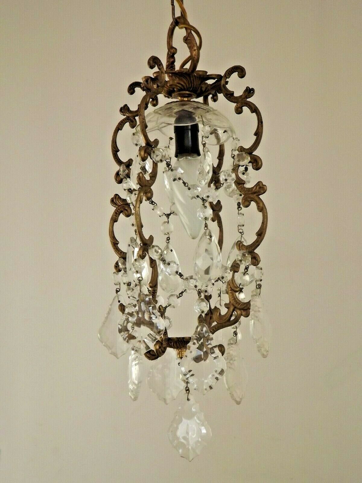 French antique small brass crystal & glass single light cage chandelier 3277