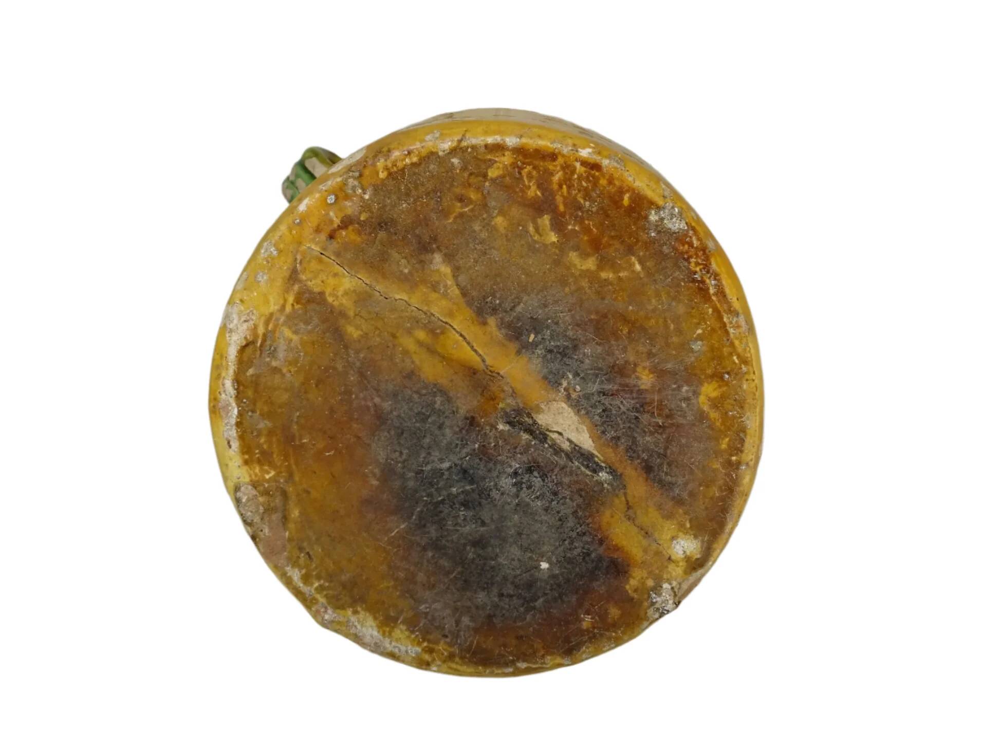 Grande vinaigrette ancienne française à glaçure jaune et verte à motif de pot à confit