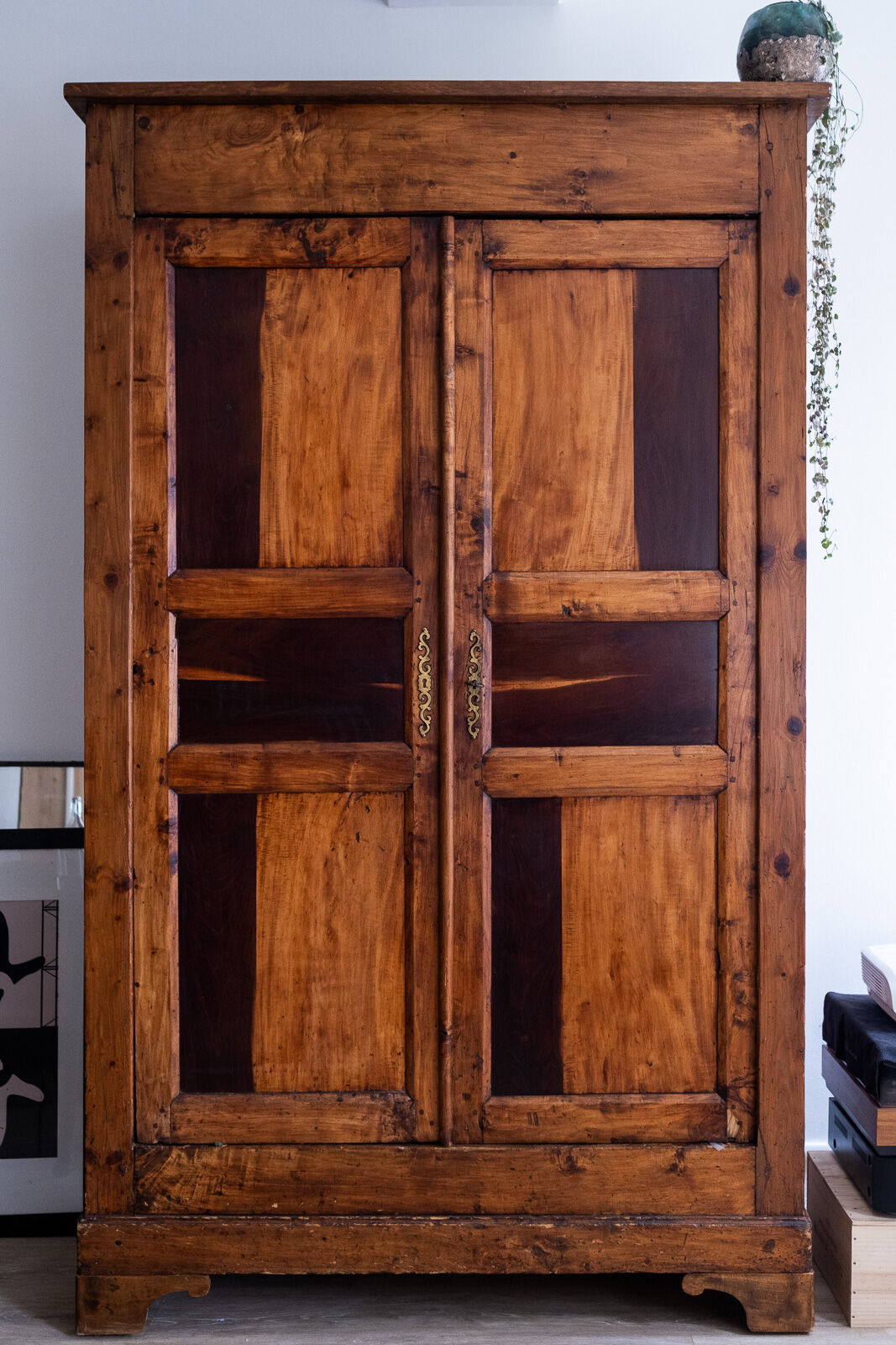 Old wardrobe cabinet in elm and solid walnut