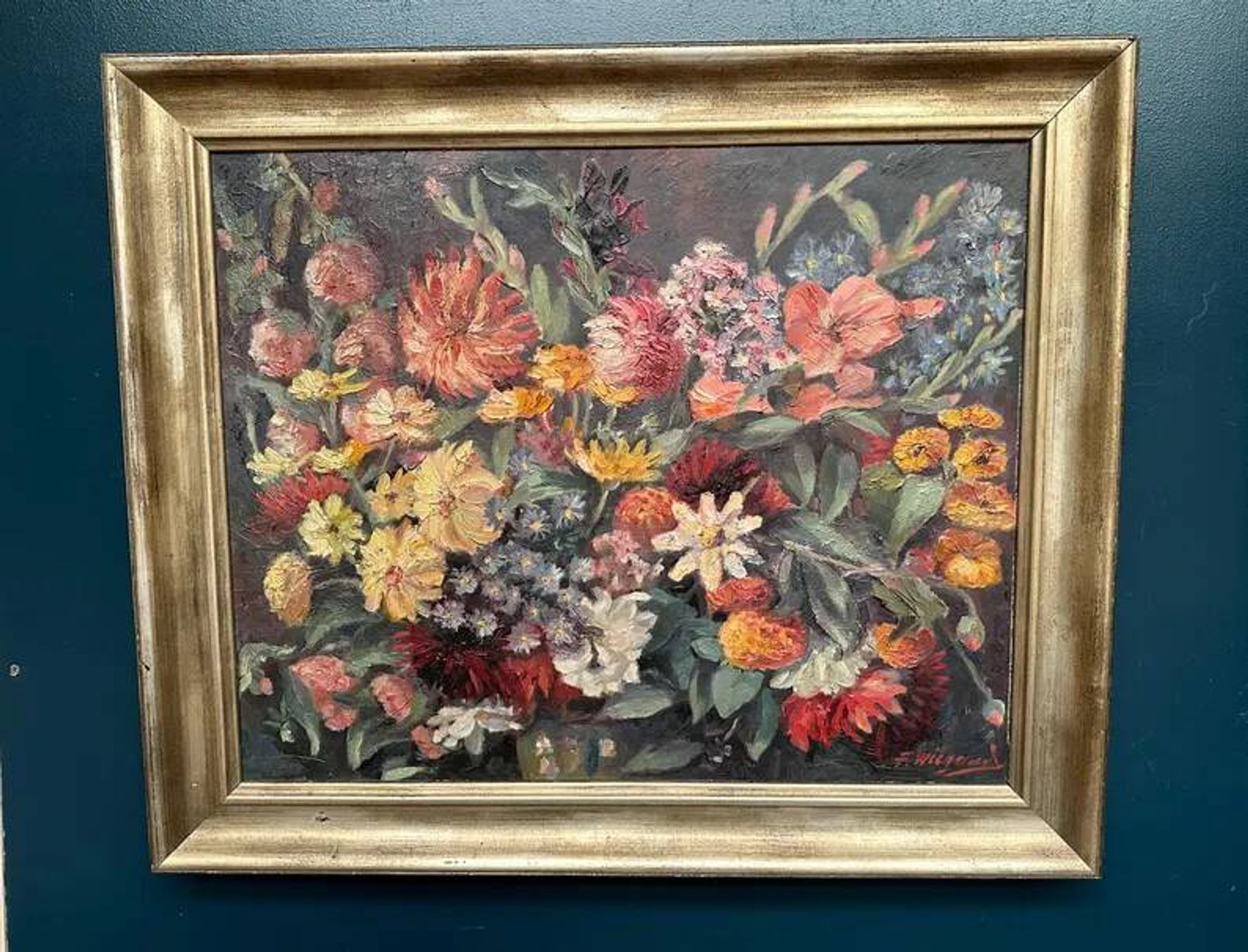 Original Still Life Oil on Canvas “Still Life with Flowers” by F. Wiegand