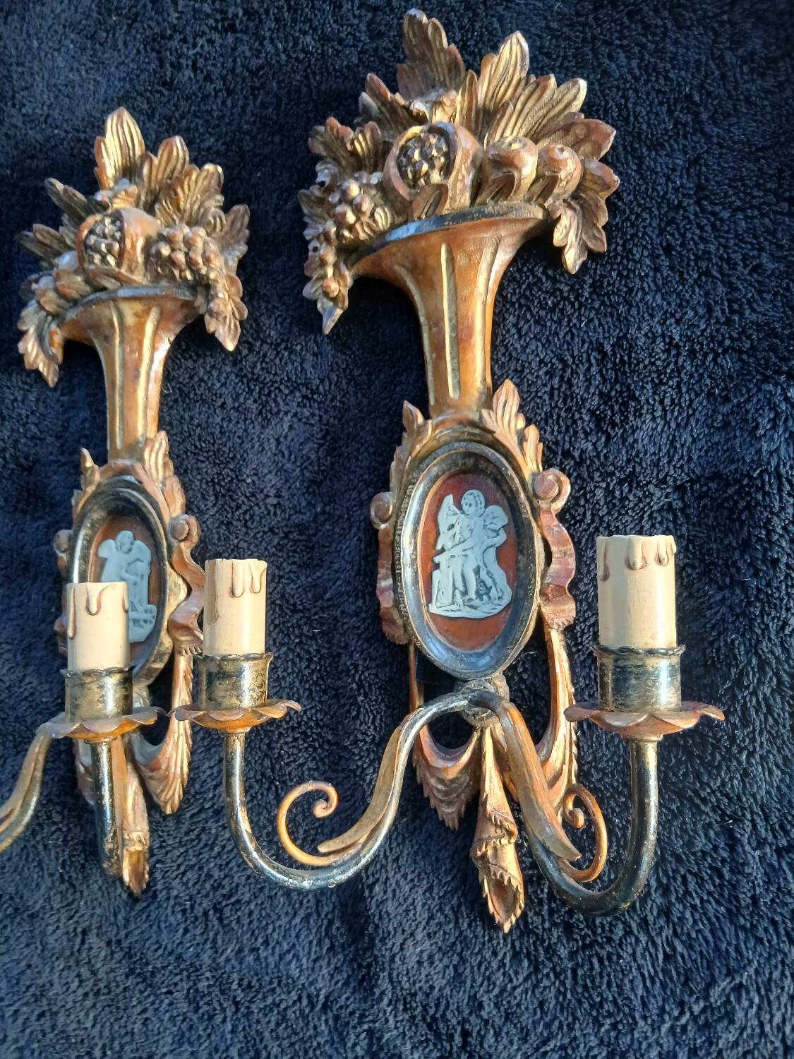 Antique Italian Firenze medallion wooden wall lights
