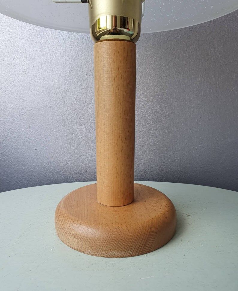Vintage wooden table lamp with 1980 glass lampshade