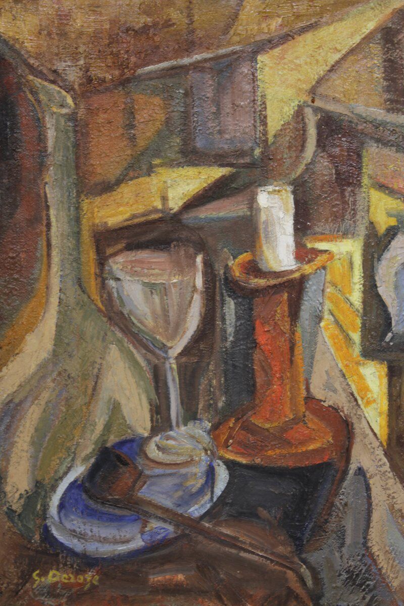Nature morte cubiste signée - Huile sur panneau