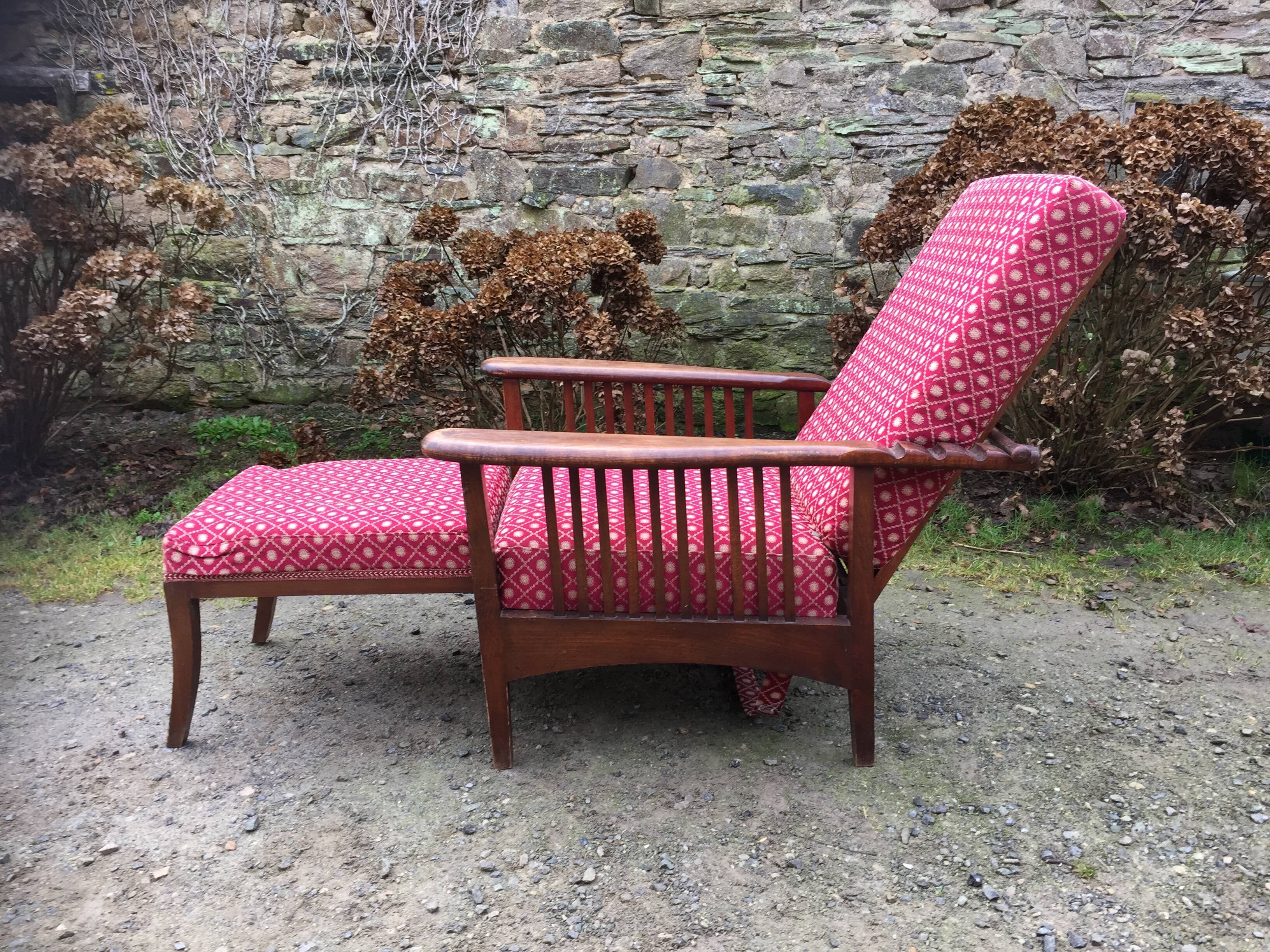 Vintage morris armchair in beech and fabric bordeaux napoleon iii