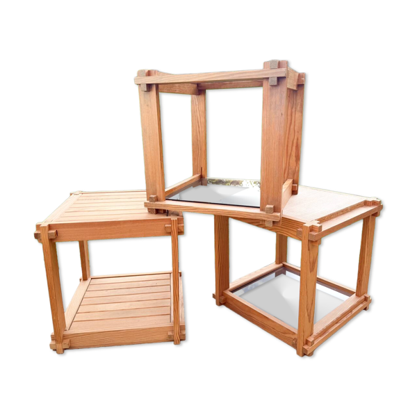 3 tables basses,d’appoint,bouts de canapé,chevets, pin et verre fumé