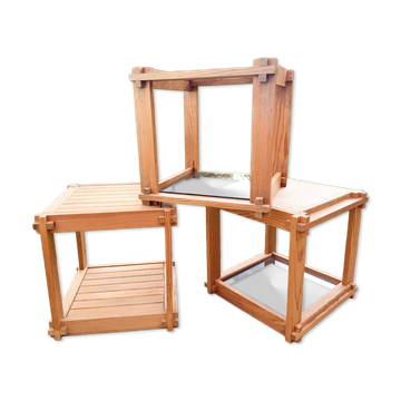 3 tables basses,d’appoint,bouts de canapé,chevets, pin et verre fumé