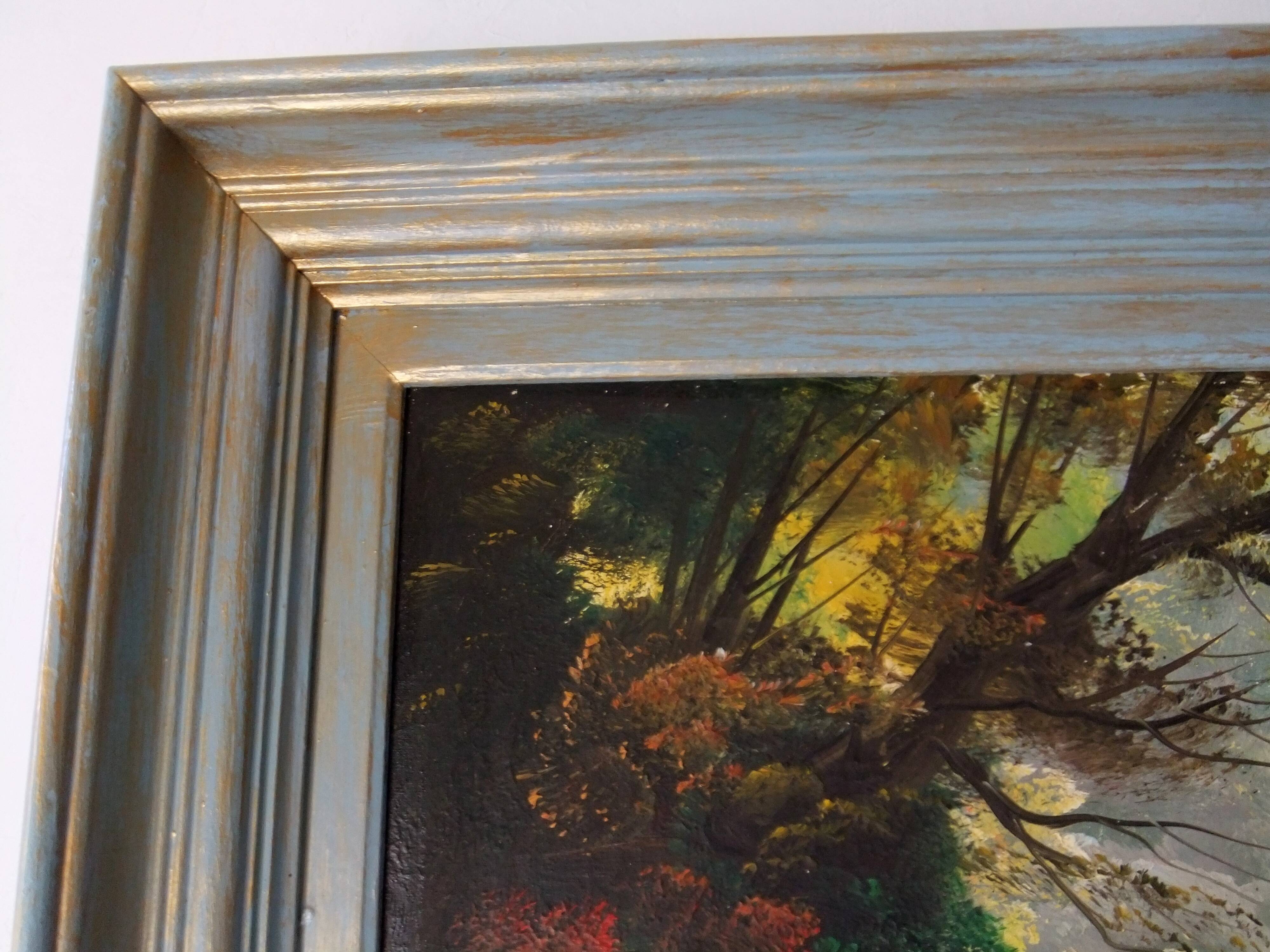 Tableau peinture à l'huile paysage signé Vernon cadre bleu gustavien et or