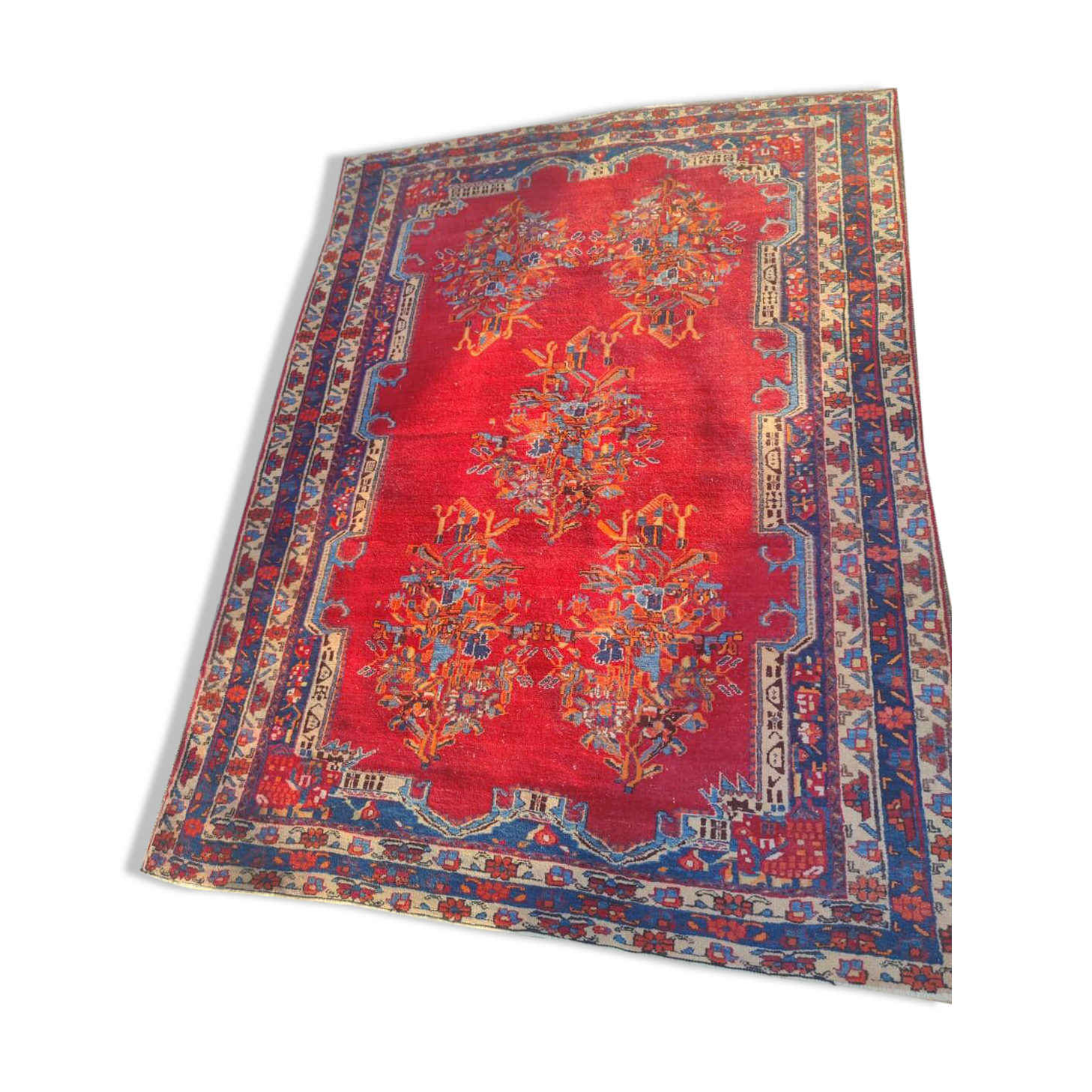 Tapis d'Orient vintage en laine noué main rouge et bleu