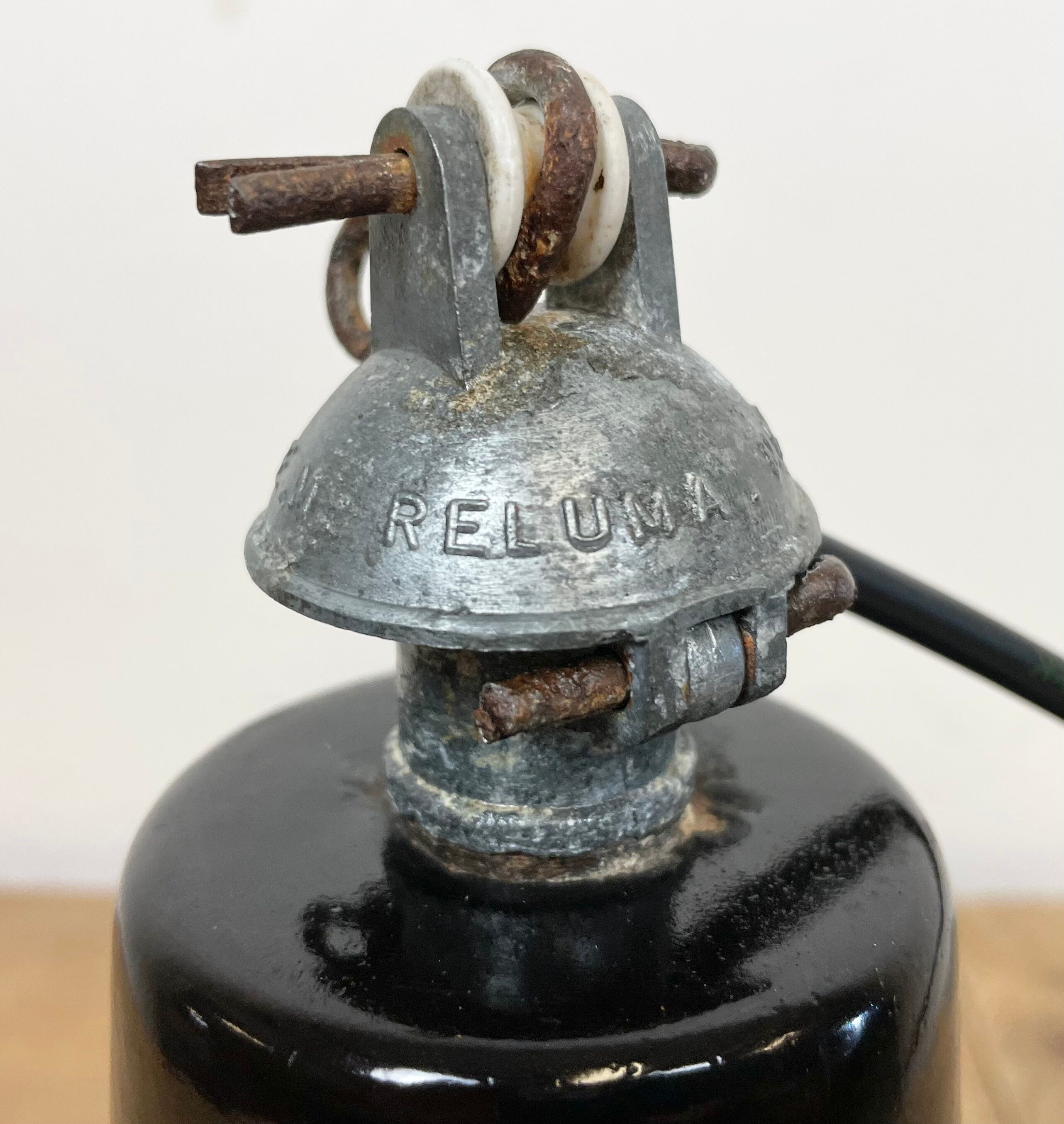 Industrial Black Enamel Hanging Lamp from Reluma, 1950s