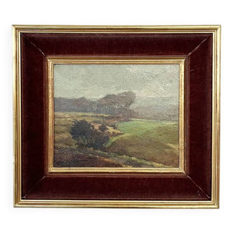 Tableau «Paysage de campagne», huile sur isorel signée