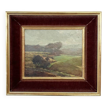 Tableau «Paysage de campagne», huile sur isorel signée