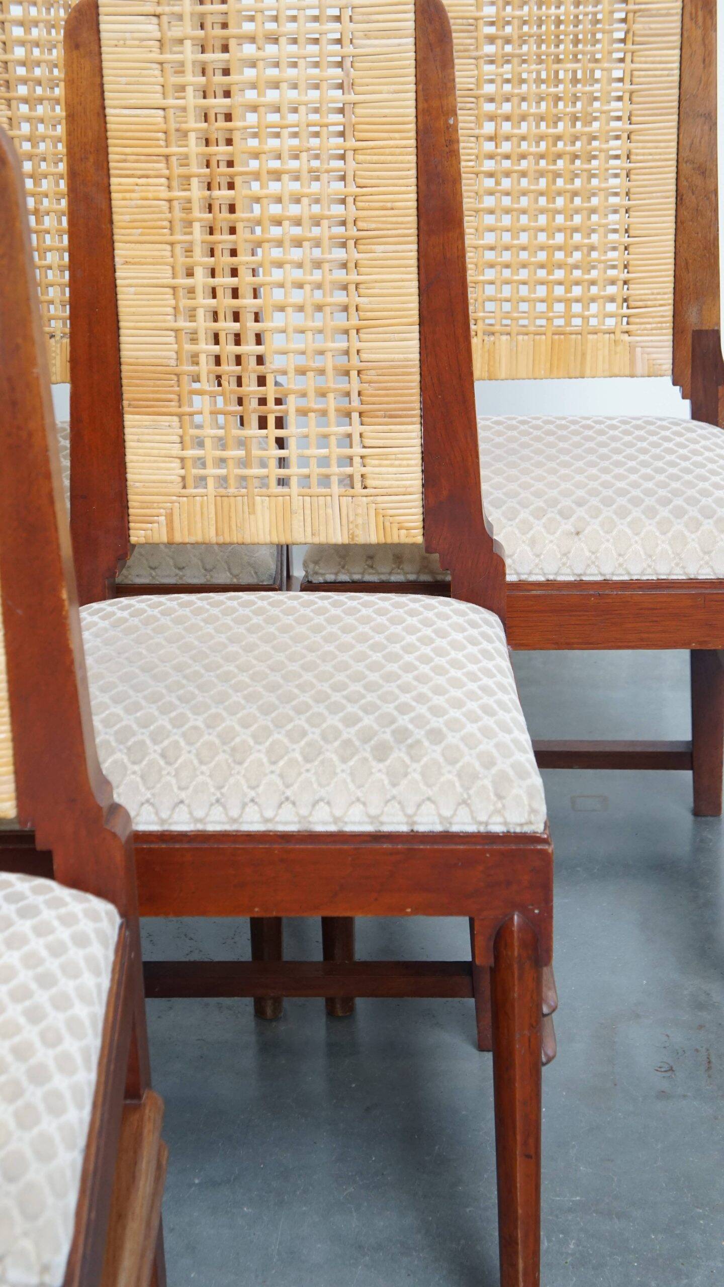 et of 6 wooden Art Deco design dining chairs with a wicker seat and backrest