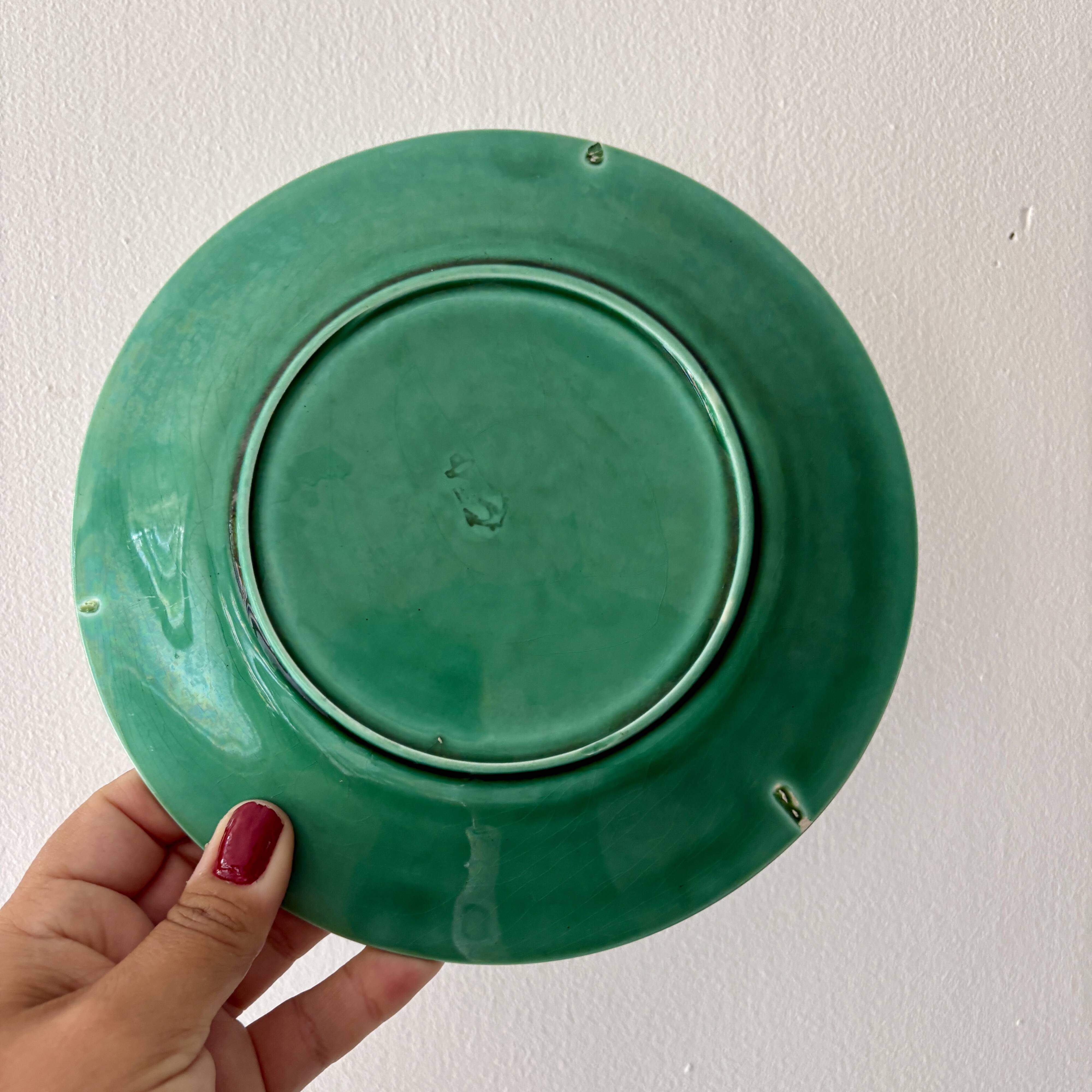 Set of 8 vintage green faience dessert plates, majolica.