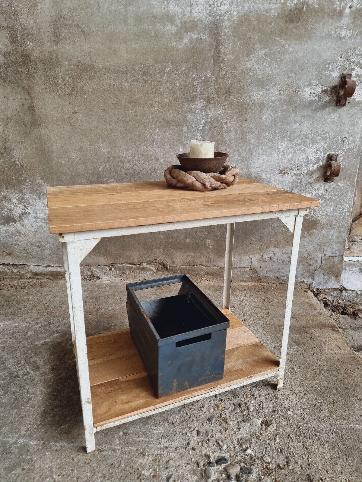 Industrial table side table iron with oak