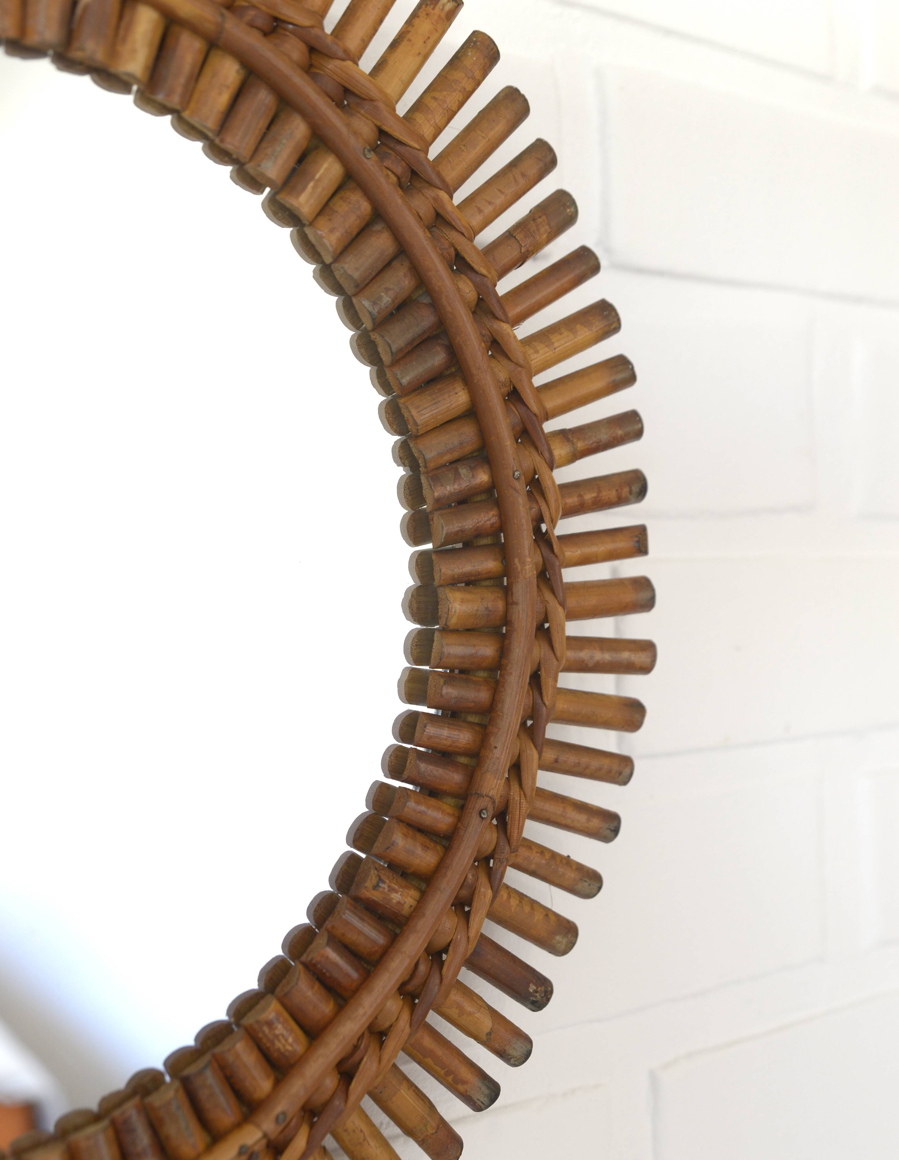 Vintage Bamboo Sunburst Wall Mirror / Mid Century Boho Decor 1970's