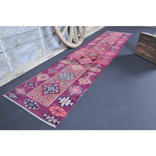 Vintage Turkish Oushak handmade wool cotton pink runner rug 79x342