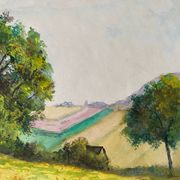 Tableau aquarelle "Plaine vallonnée et arborée" école du XX° siècle