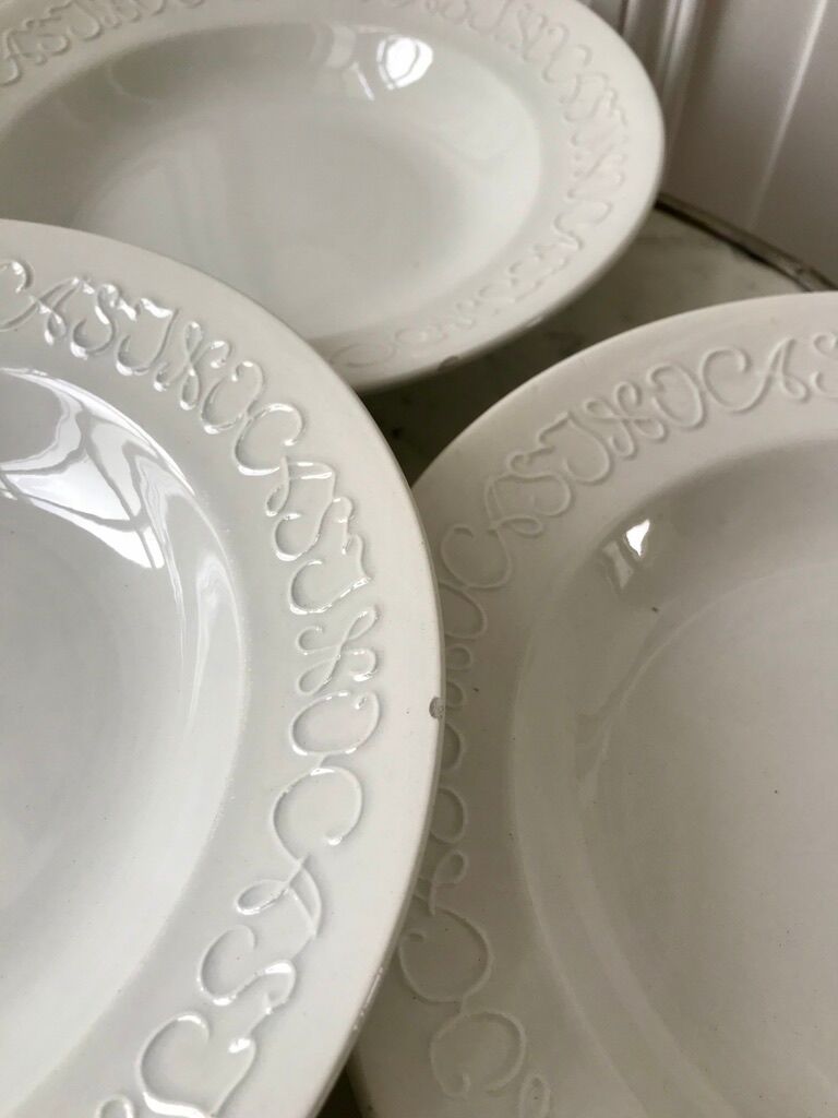 Set of 6 hollow plates Digoin Sarreguemines model Alphabet relief white 40s