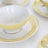 Set of 7 cups and under cups in ceramic Moulin des Loups, yellow, French manufacture,