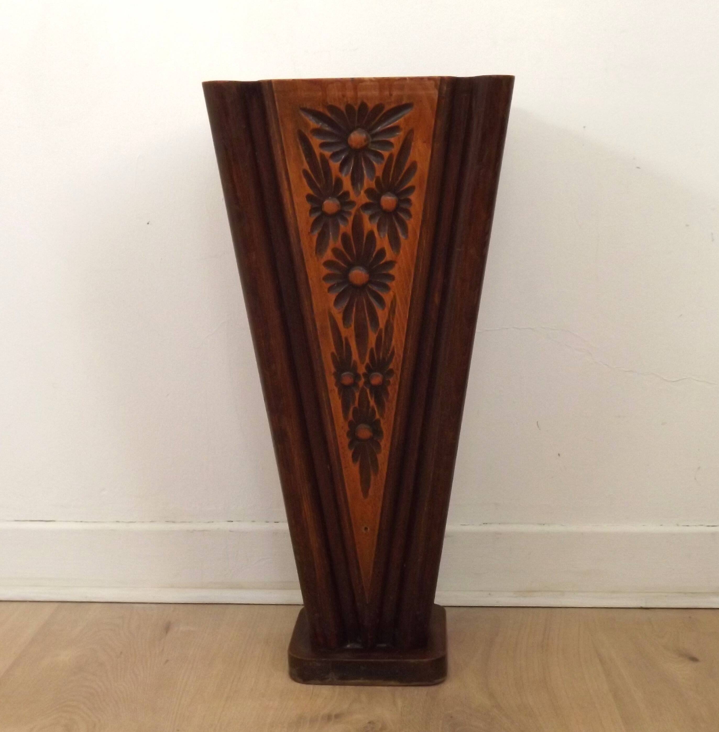 French antique oak tin-lined hand-carved umbrella stand with flower decoration.