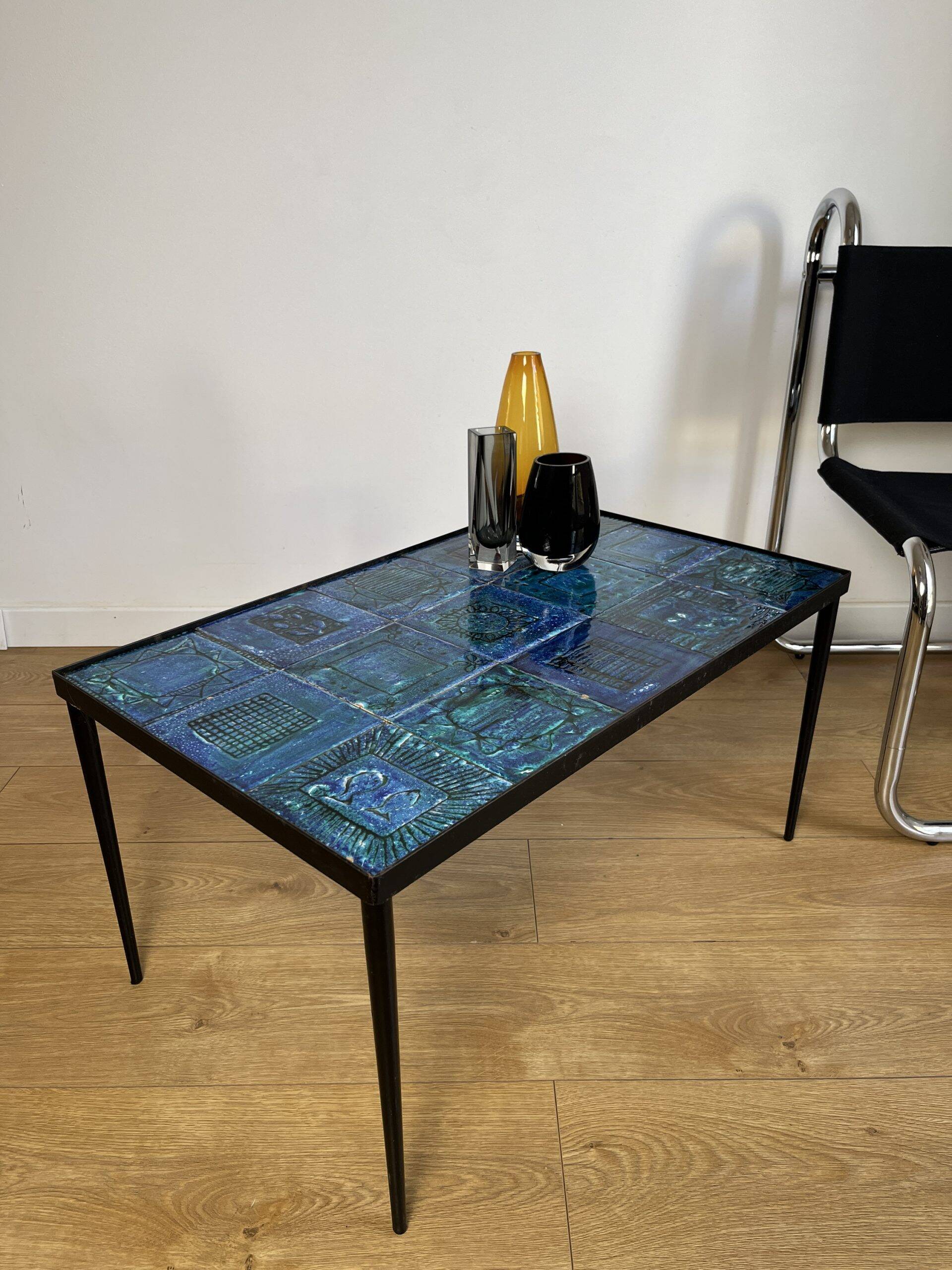 Blue ceramic coffee table by Robert & Jean CLOUTIER circa 1960