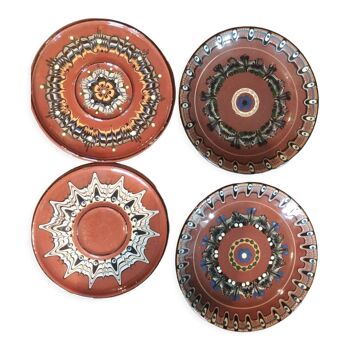 Set of 4 handmade and vintage painted ceramic plates from Bulgaria
