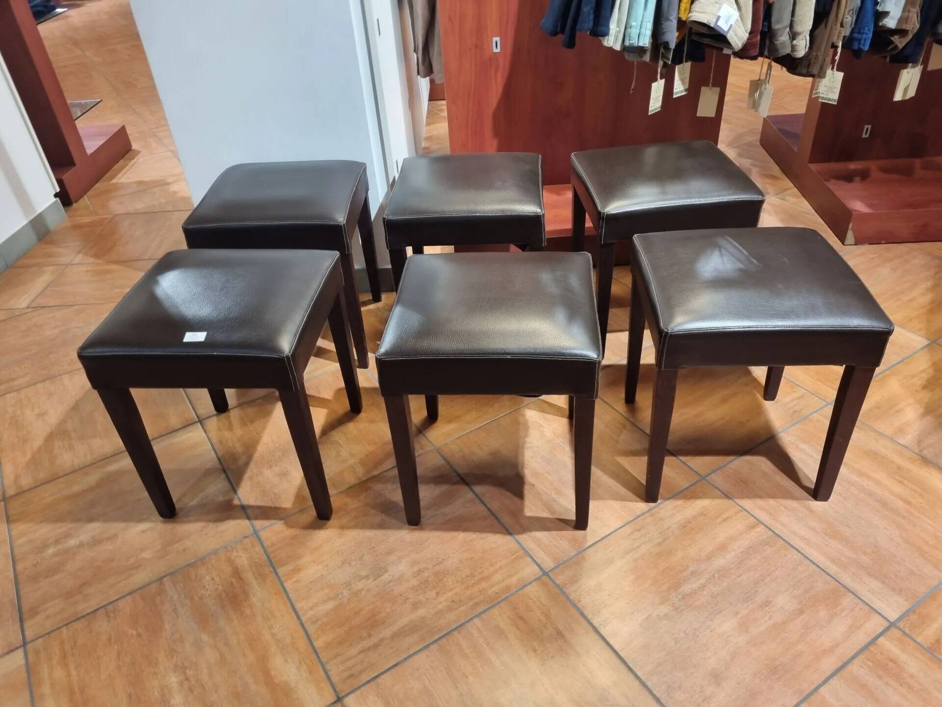 Brown leather square stool with wooden legs – padded seat