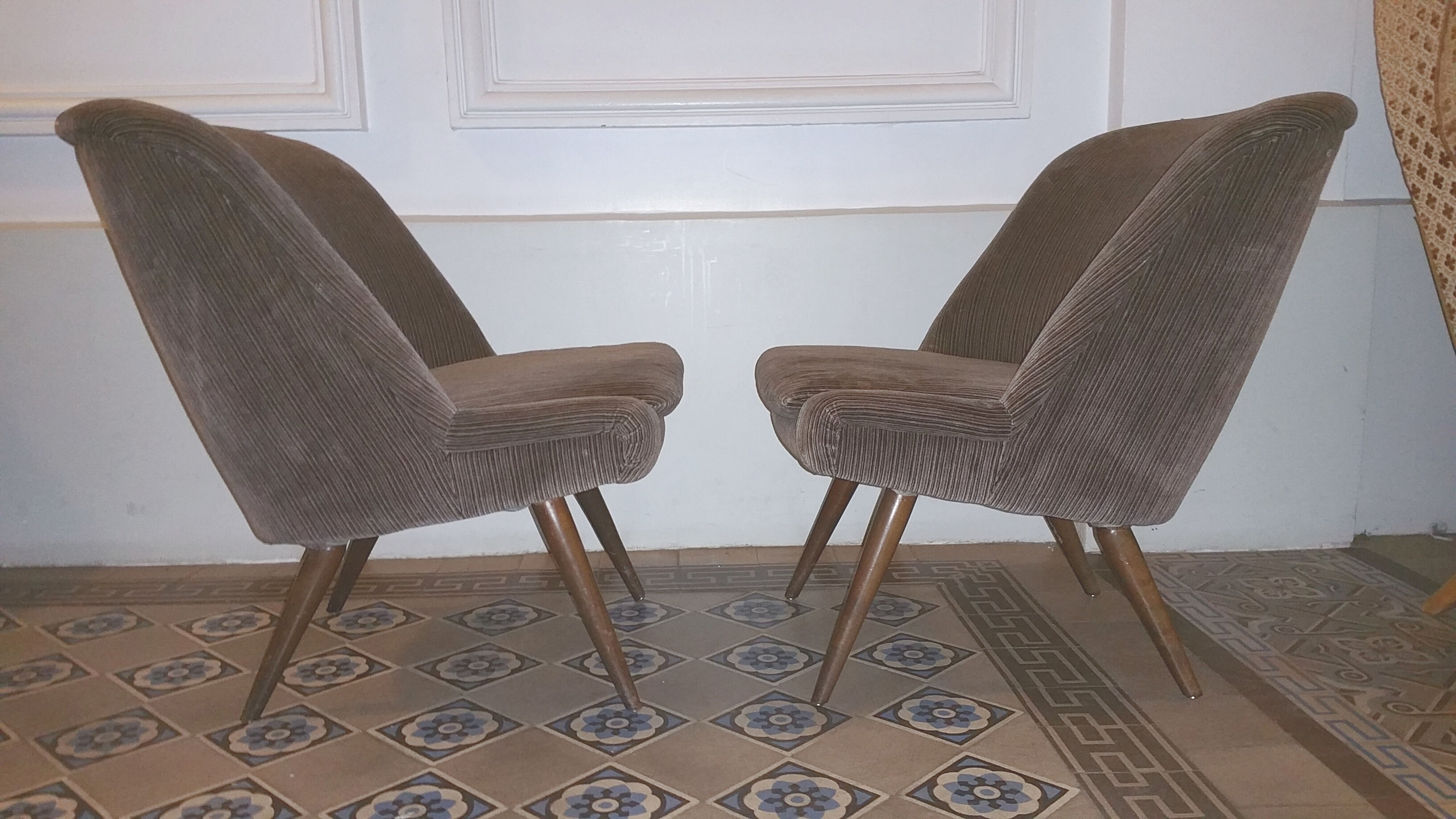 Restored low chair in velvet fabric 50s 60s