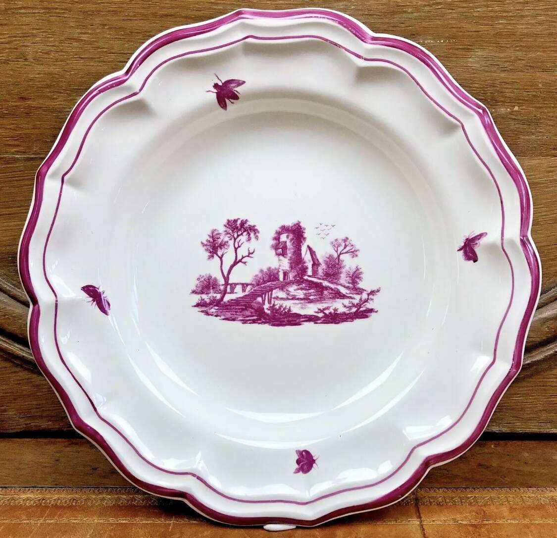 Old round hollow Gien dish, Pink Landscape model, 1938/1960
