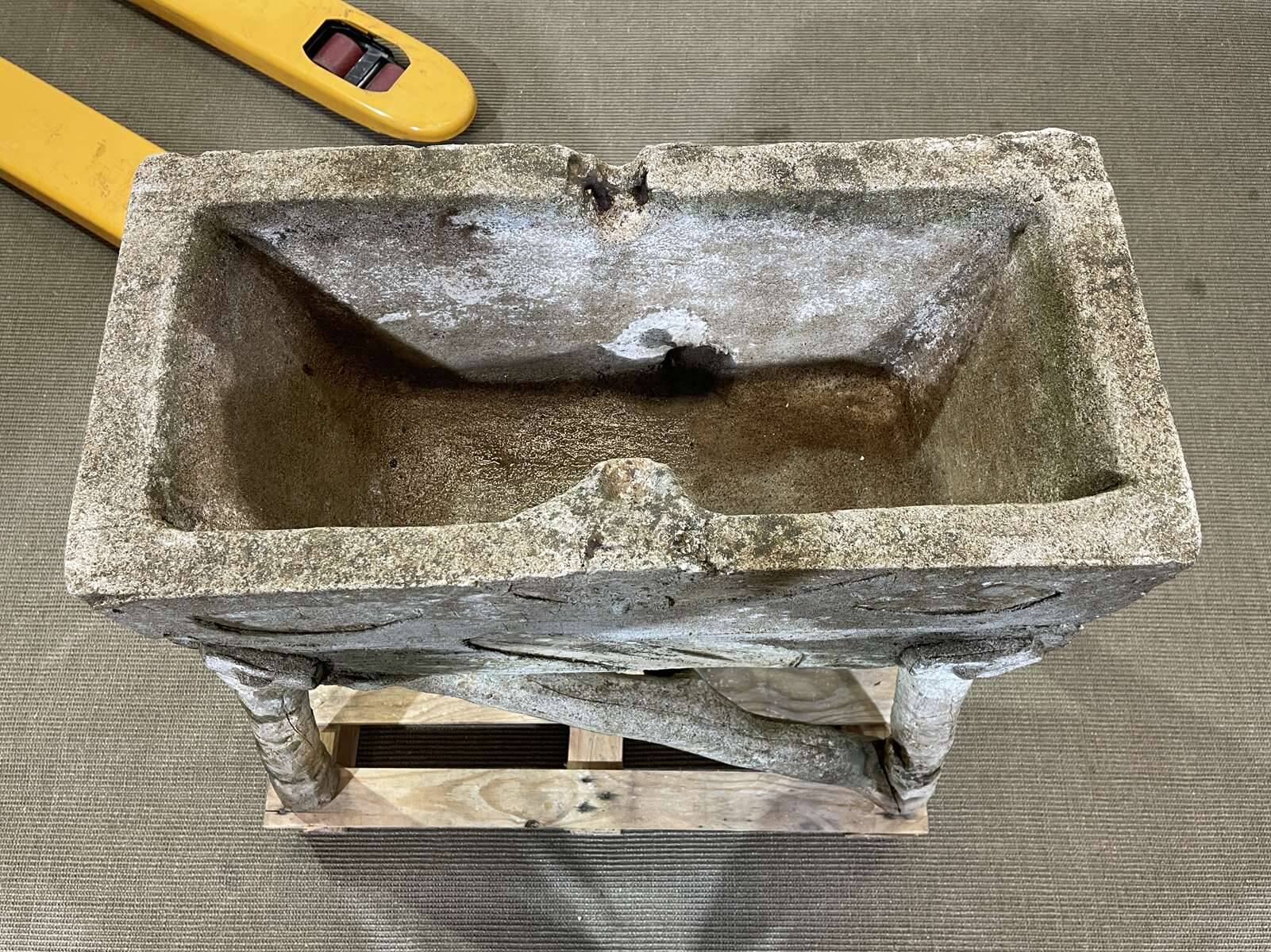 1950s faux wood cement planter, old water mill