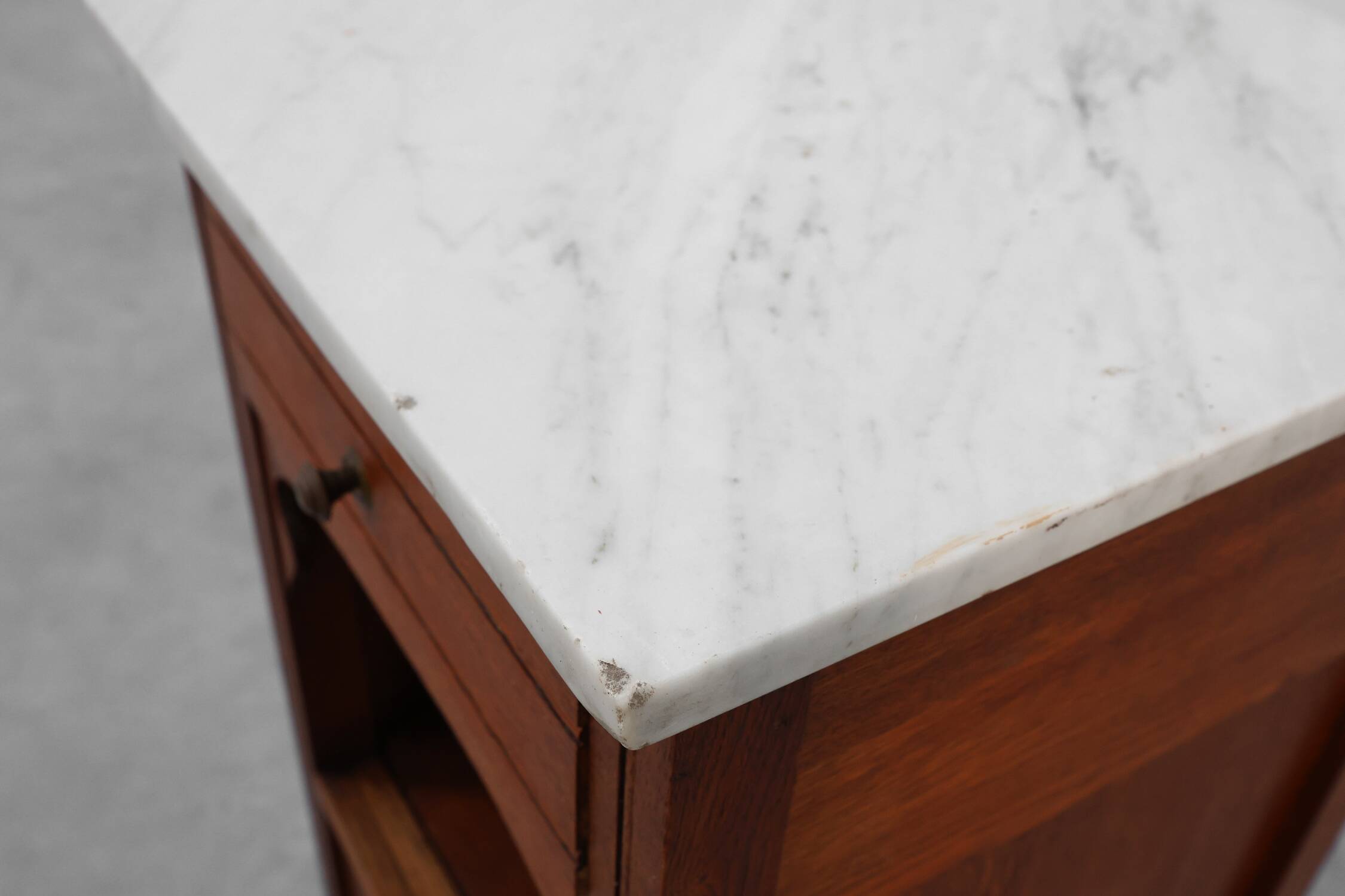 French Art Deco Wood & Grey Marble Top Nightstand, 1920s