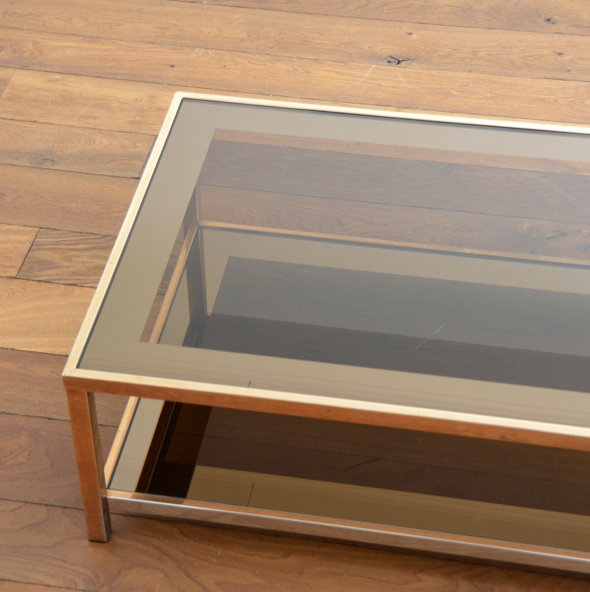 Coffee table in gold plated and smoked glass Belgo Chrom 70s / 80s
