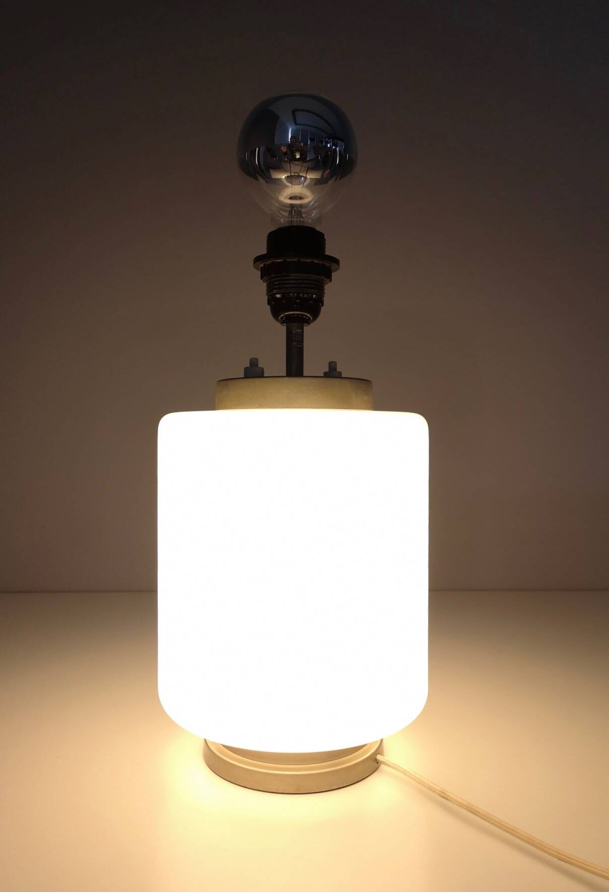 White Encased Glass Table Lamp with Three-Lighting Options, Italy