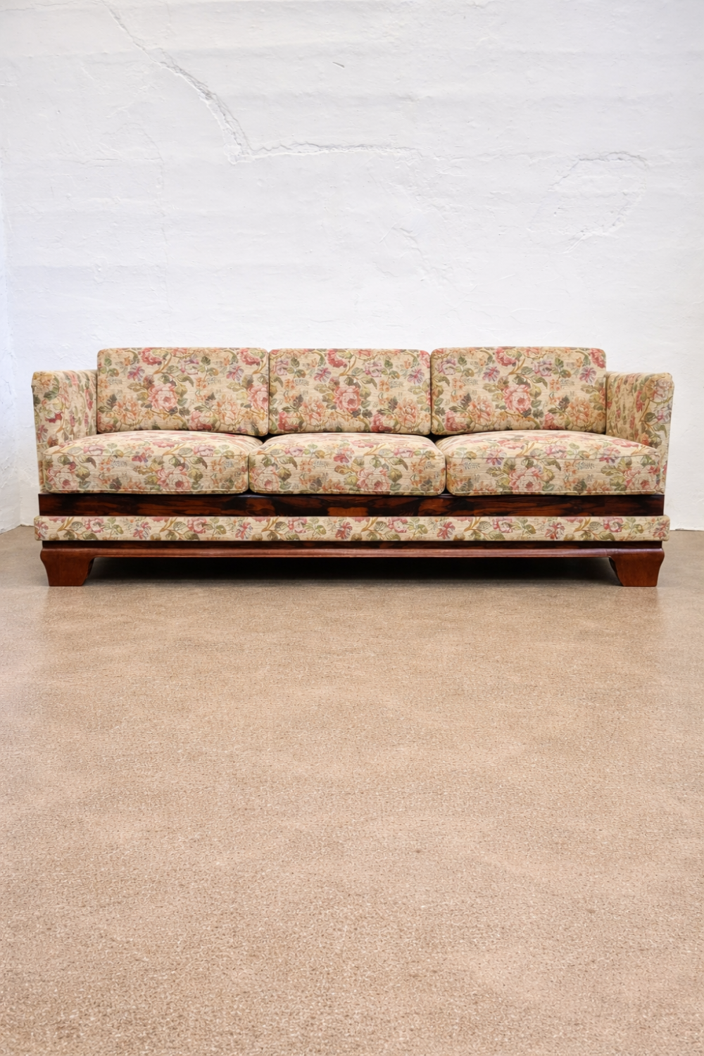 Macassar veneer Art Deco sofa with floral fabric, Austria, 1930s.