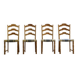 Vintage 1960s Danish modern brutalist oak dining chairs in the style of Kjærnulf, set