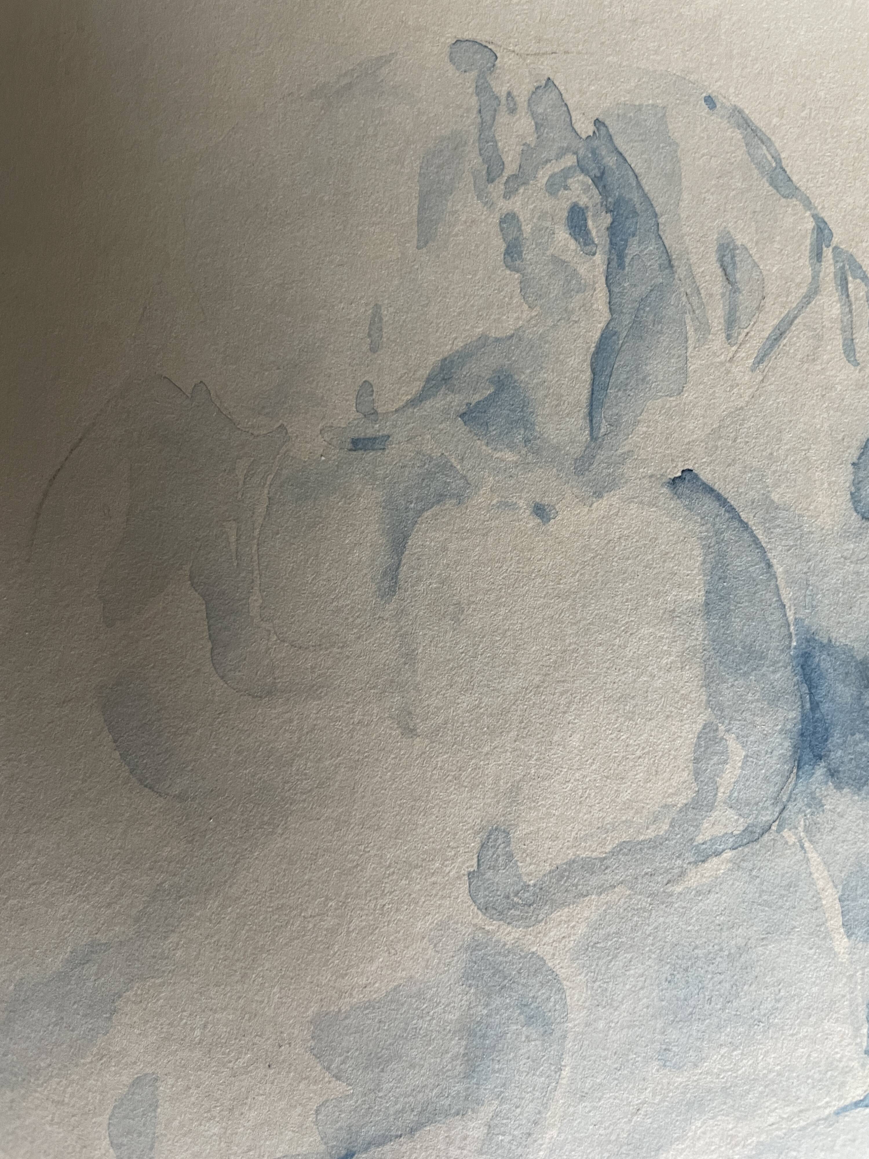 Signed watercolour monochrome blue study of the statue "The Kiss by Rodin"