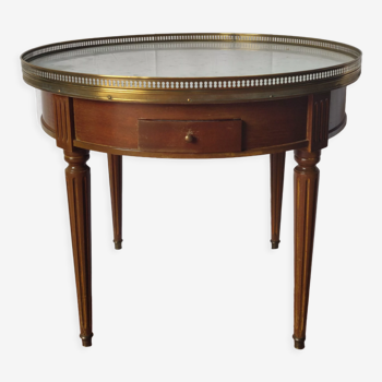 Table bouillote style Louis XVI merisier dessus marbre 2 tiroirs