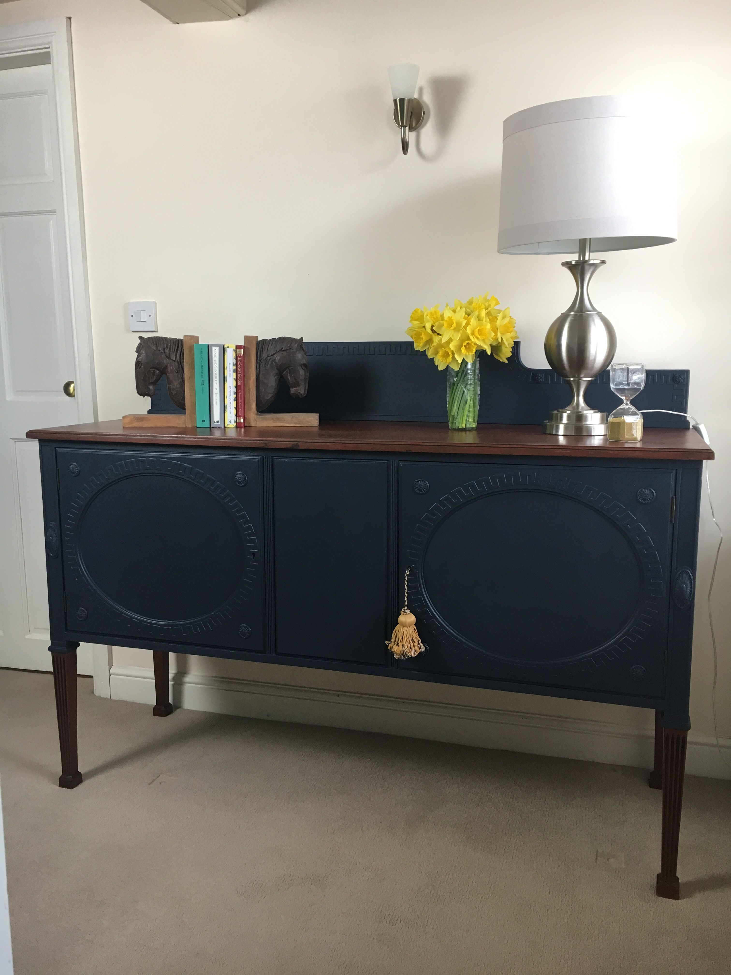 Vintage dark blue hand painted regency style buffet